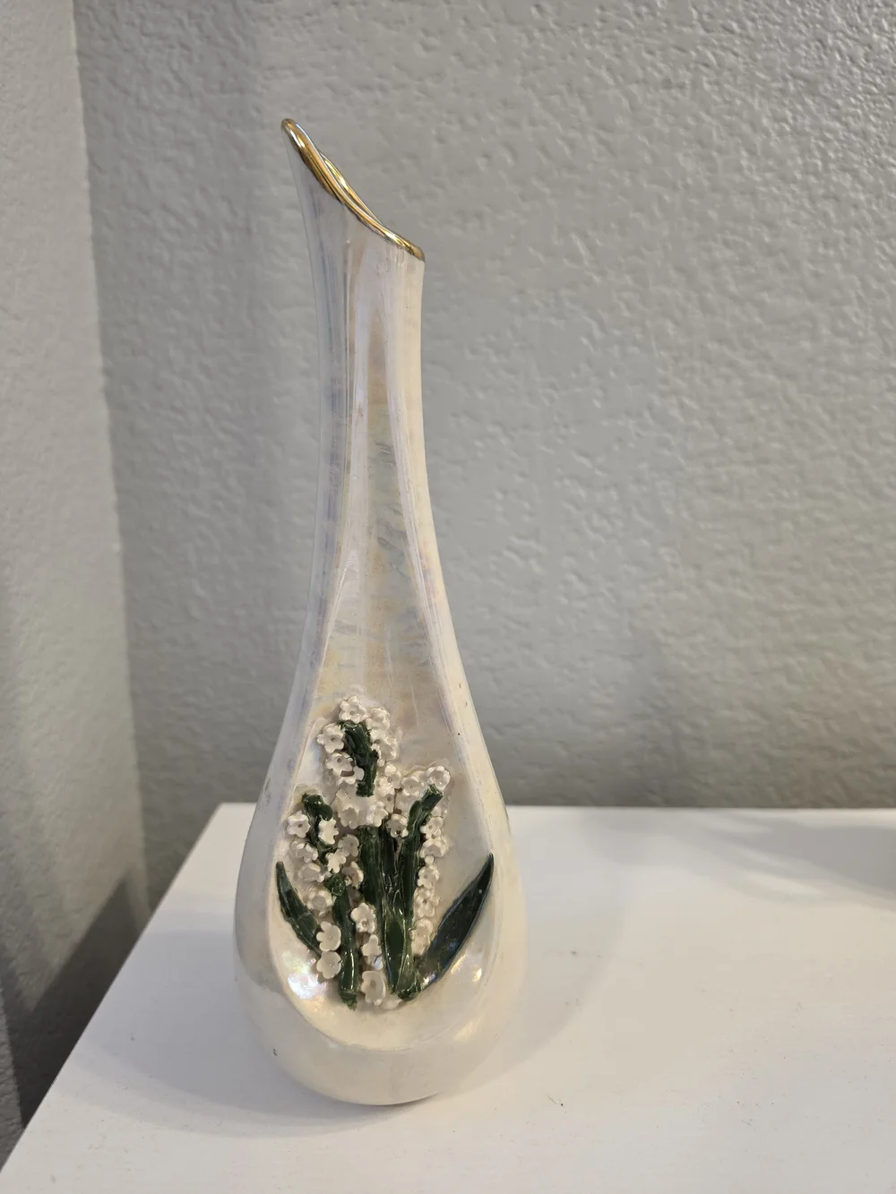 Hand-Painted Pearl White Ceramic Bud Vase with Lily of the Valley Accent